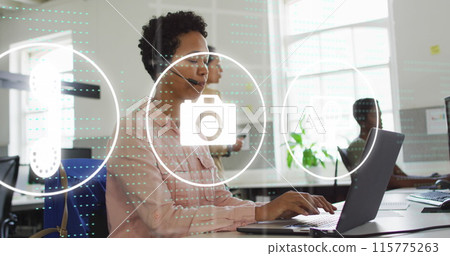 Image of data processing and icons over diverse business people using phone headset in office 115775263