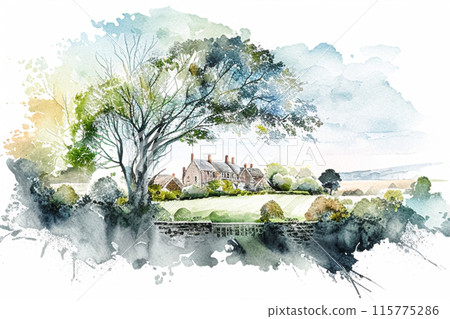 Fine art watercolour painting of the English countryside landscape, romantic nature evoking a sense of tranquility and natural beauty, printable art design idea 115775286