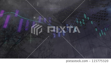 Image of data processing and world map over rain falling against tall building Image of data processing and world map over rain falling against tall building 115775320