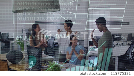 Image of data processing and binary coding over diverse business people talking in office Image of data processing and binary coding over diverse business people talking in office 115775321