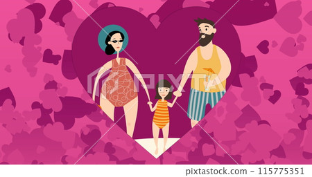 Image of multiple hearts over happy family with daughter at beach on pink background Image of multiple hearts over happy family with daughter at beach on pink background 115775351