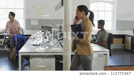 Image of data processing and globe over biracial businesswoman talking on smartphone in office 115775367