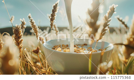 Pouring fresh milk into bowl of cereal in the English countryside field on a sunny morning for breakfast 115775368