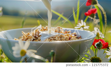 Pouring fresh milk into bowl of cereal in the English countryside field on a sunny morning for breakfast 115775372