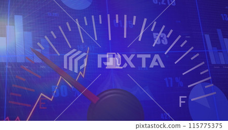 Image of speedometer and statistical data processing against light spot on blue background Image of speedometer and statistical data processing against light spot on blue background 115775375
