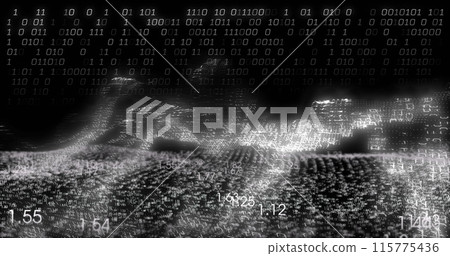 Image of financial data processing and binary coding over black background 115775436