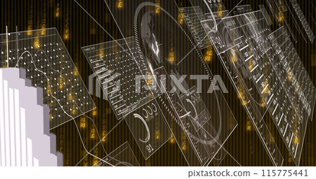 Image of financial data processing and screens over black background Image of financial data processing and screens over black background 115775441