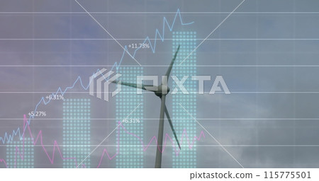 Image of statistical data processing over spinning windmill against grey sky Image of statistical data processing over spinning windmill against grey sky 115775501