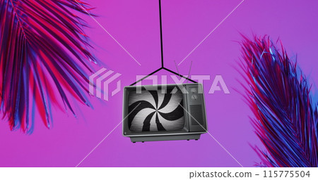 Image of black and white stripes spinning over retro tv on purple background 115775504
