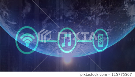 Image of network of digital icons over globe and light spot against computer server room Image of network of digital icons over globe and light spot against computer server room 115775507