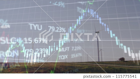 Image of financial and stock market data processing over spinning windmills on grassland 115775541
