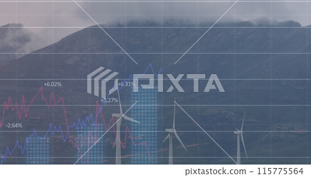 Image of statistical data processing over spinning windmills on grassland 115775564