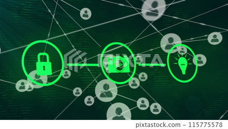 Image of padlock, camera, lightbulb icons forming flow chart over connected profile icons Image of padlock, camera, lightbulb icons forming flow chart over connected profile icons 115775578