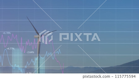 Image of statistical data processing over spinning windmill against blue sky Image of statistical data processing over spinning windmill against blue sky 115775594