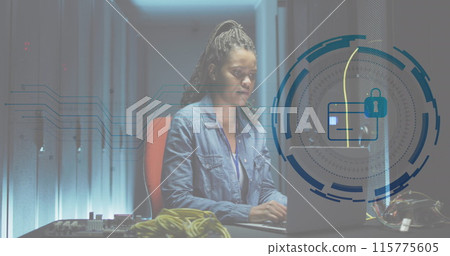 Image of card, padlock in circle, african american female engineer using laptop at data centre 115775605