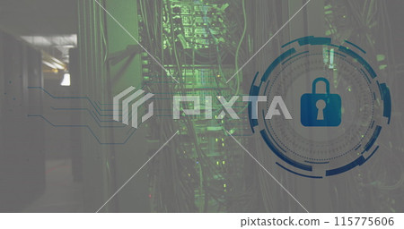 Image of padlock icon in circle over cables of data server systems Image of padlock icon in circle over cables of data server systems 115775606