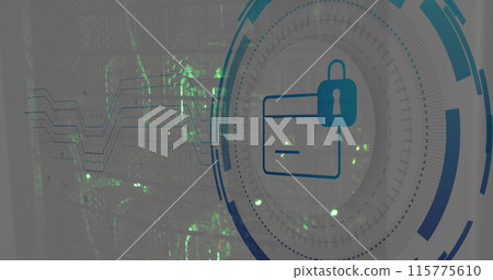 Image of padlock and card icon in circle over data server systems Image of padlock and card icon in circle over data server systems 115775610