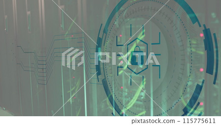 Image of padlock icon in circle over network server systems Image of padlock icon in circle over network server systems 115775611