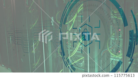 Image of padlock icon in circle over network server systems Image of padlock icon in circle over network server systems 115775613