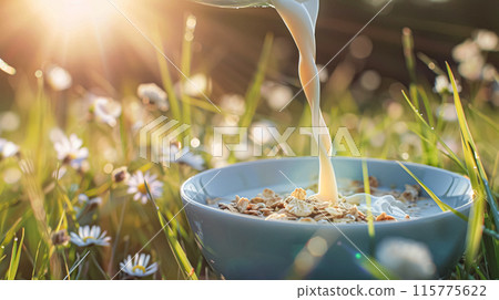 Pouring fresh milk into bowl of cereal in the English countryside field on a sunny morning for breakfast 115775622