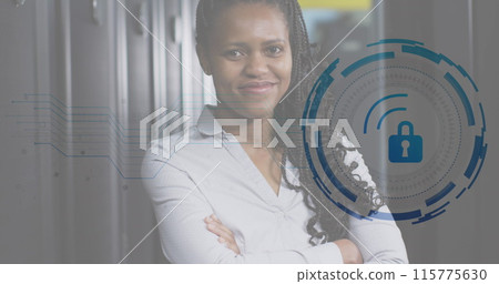 Image of padlock icon and african american female engineer standing in data centre Image of padlock icon and african american female engineer standing in data centre 115775630