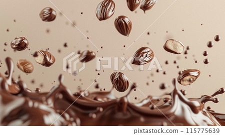 Nuts and chocolate splash, food dessert and confectionery industry 115775639
