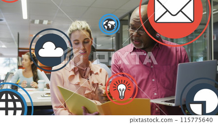Image of digital icons over diverse business people in office 115775640