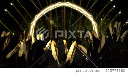 Image of gold leaves and pattern and fireworks on black background Image of gold leaves and pattern and fireworks on black background 115775662