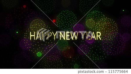 Image of happy new year text over fireworks on black background 115775664