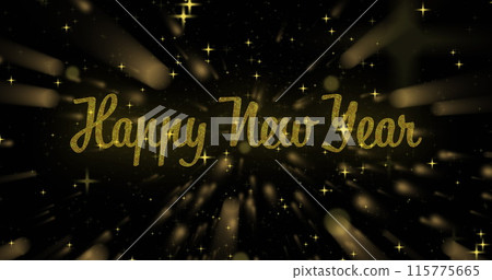 Image of happy new year text over glowing lights on black background Image of happy new year text over glowing lights on black background 115775665