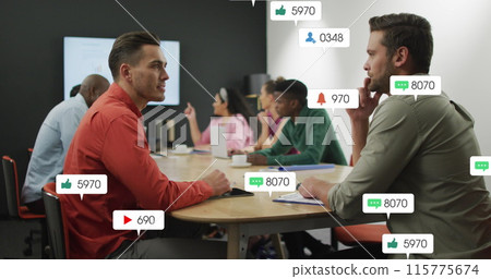 Image of notification bars over diverse coworkers discussing reports in meeting at office Image of notification bars over diverse coworkers discussing reports in meeting at office 115775674