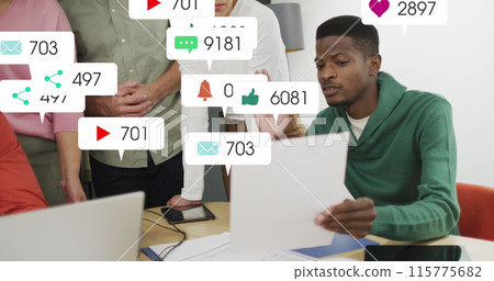 Image of multiple notification bars over diverse coworkers discussing reports in office Image of multiple notification bars over diverse coworkers discussing reports in office 115775682