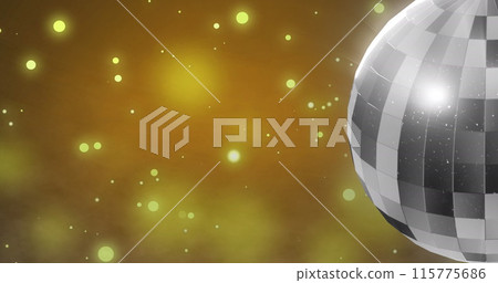 Image of mirror disco ball spinning over spots of lights on yellow background Image of mirror disco ball spinning over spots of lights on yellow background 115775686