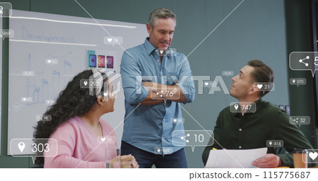 Image of notification bars over diverse coworkers discussing about product design in office Image of notification bars over diverse coworkers discussing about product design in office 115775687