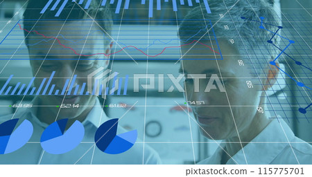Image of graphs, loading circles, changing numbers over caucasian coworkers discussing reports 115775701