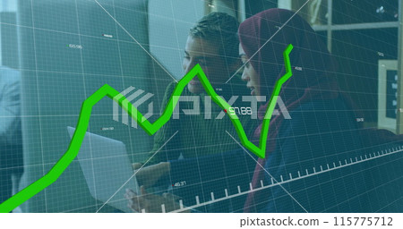 Image of graphs and changing numbers over diverse coworkers discussing reports on laptop Image of graphs and changing numbers over diverse coworkers discussing reports on laptop 115775712
