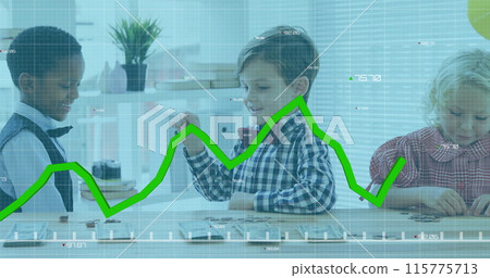 Image of graphs with changing numbers over diverse schoolboys shaking hands in classroom Image of graphs with changing numbers over diverse schoolboys shaking hands in classroom 115775713
