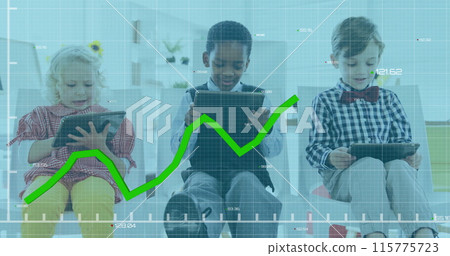 Image of graph with changing numbers over diverse children using digital tablet in classroom 115775723