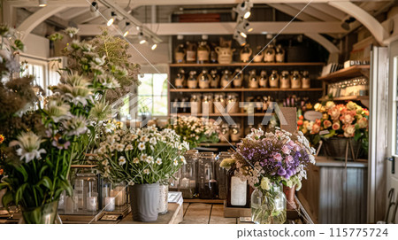 Details and products on shelves in the English counryside farm shop, small business, country style design 115775724