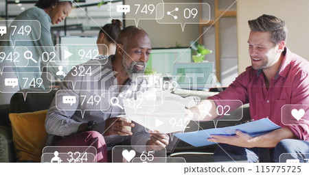 Image of multiple notification bars over diverse coworkers discussing reports in office Image of multiple notification bars over diverse coworkers discussing reports in office 115775725