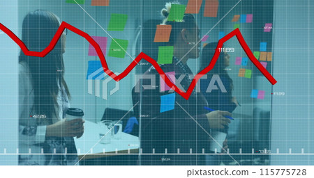 Image of falling graph over diverse coworkers discussing strategy on sticky notes in office Image of falling graph over diverse coworkers discussing strategy on sticky notes in office 115775728
