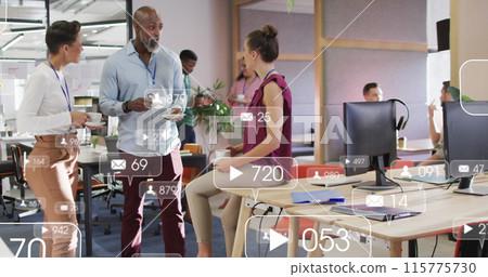 Image of notification bars over diverse coworkers discussing while drinking tea in office Image of notification bars over diverse coworkers discussing while drinking tea in office 115775730