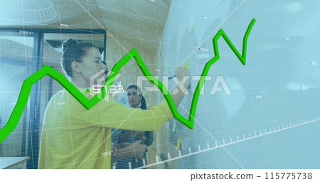 Image of multiple graphs and changing numbers, diverse coworkers writing on whiteboard in office 115775738