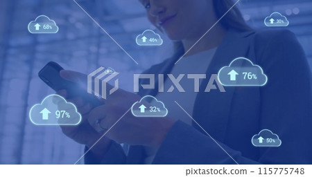 Image of cloud icons with growing number over caucasian businesswoman using smartphone Image of cloud icons with growing number over caucasian businesswoman using smartphone 115775748