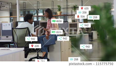 Image of notification bars over diverse coworkers discussing on desk in office 115775750