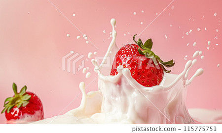 Strawberries falling into cream, milk or yoghurt on pink background, strawberry dessert Strawberries falling into cream, milk or yoghurt on pink background, strawberry dessert 115775751