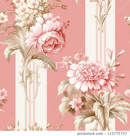 Seamless pattern, tileable striped pink floral country style print for wallpaper, wrapping paper with English countryside rose flowers for scrapbook, fabric and product design idea Seamless pattern, tileable striped pink floral country style print for wallpaper, wrapping paper with English countryside rose flowers for scrapbook, fabric and product design idea 115775757