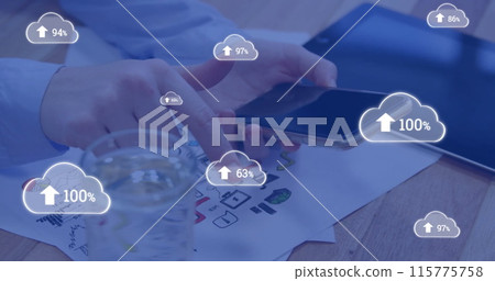 Image of cloud icons with growing number over caucasian businesswoman using smartphone 115775758