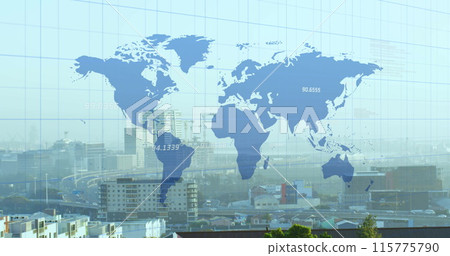 Image of world map and financial data processing over cityscape Image of world map and financial data processing over cityscape 115775790