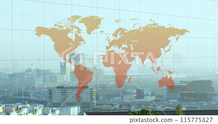 Image of world map and financial data processing over cityscape Image of world map and financial data processing over cityscape 115775827